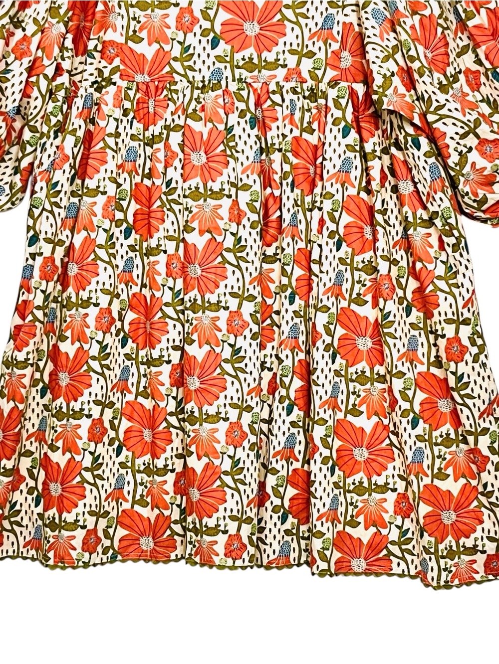 Gigio Babydoll Dress Coral Cream Floral Puffy Balloon Sleeve Pockets S Made/USA - Picture 12 of 16